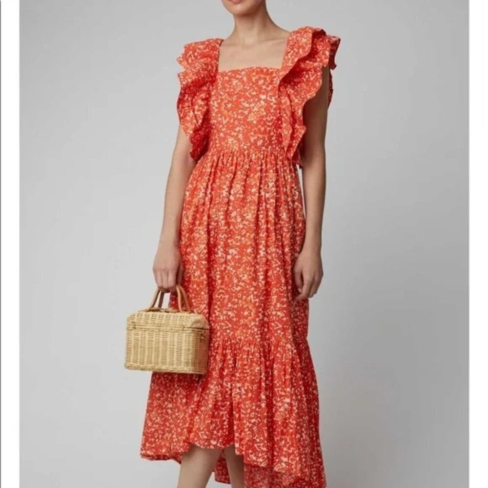 New Ulla Johnson Orange Ruffle Frieda Midi Dress … - image 1